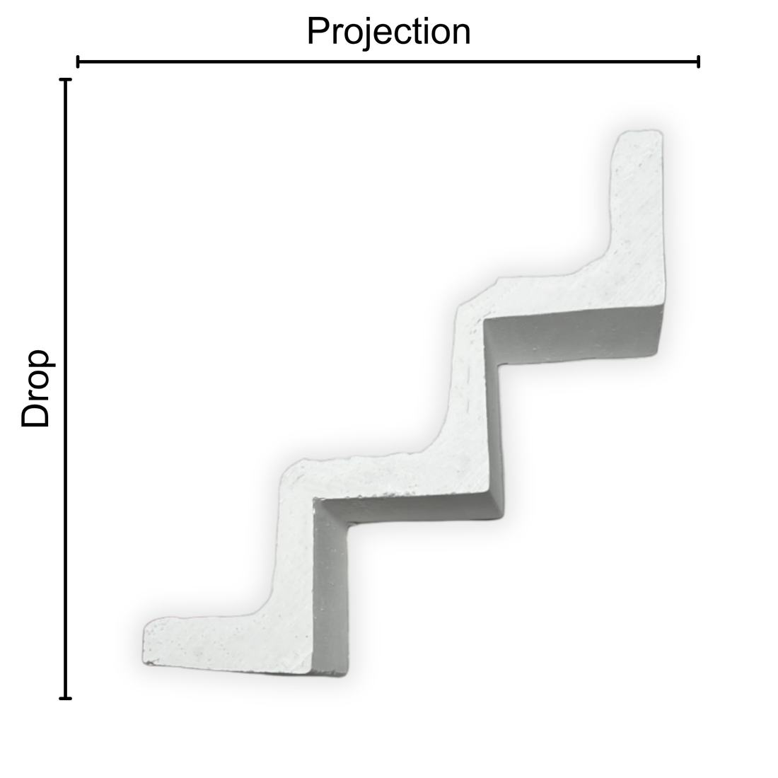 Technical diagram showing coving projection and drop: projection 150mm, drop 150mm