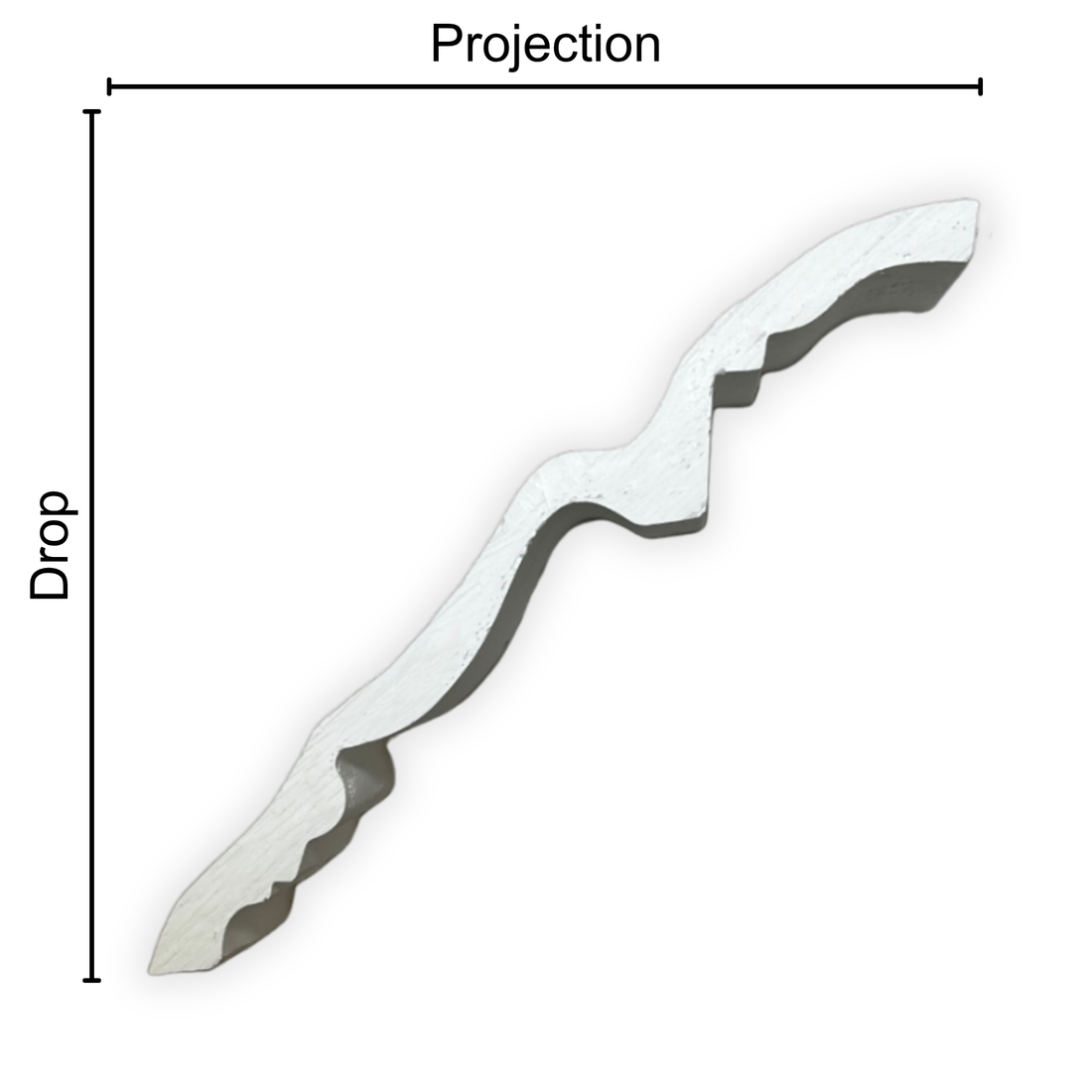 Technical diagram showing coving projection and drop: projection 145mm, drop 140mm