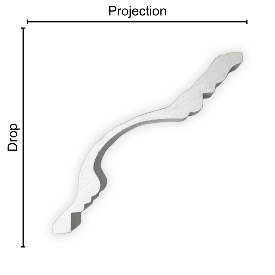 Technical diagram showing coving projection and drop: projection 150mm, drop 135mm