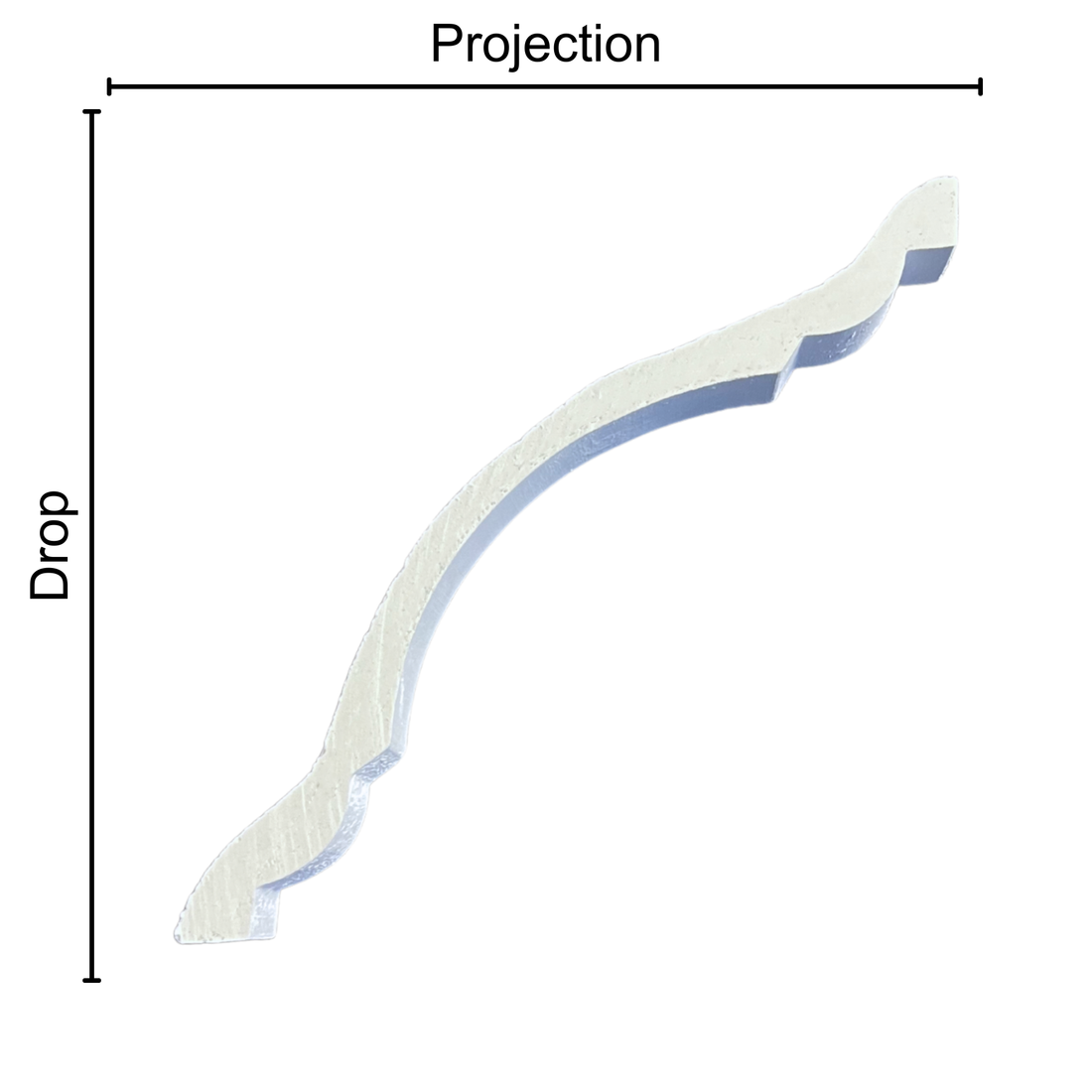 Technical diagram showing coving projection and drop: projection 150mm, drop 150mm