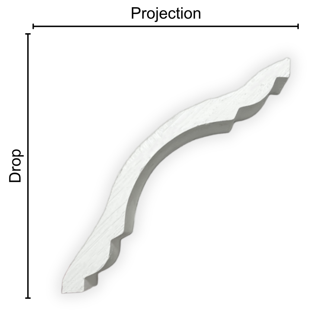 Technical diagram showing coving projection and drop: projection 120mm, drop 120mm