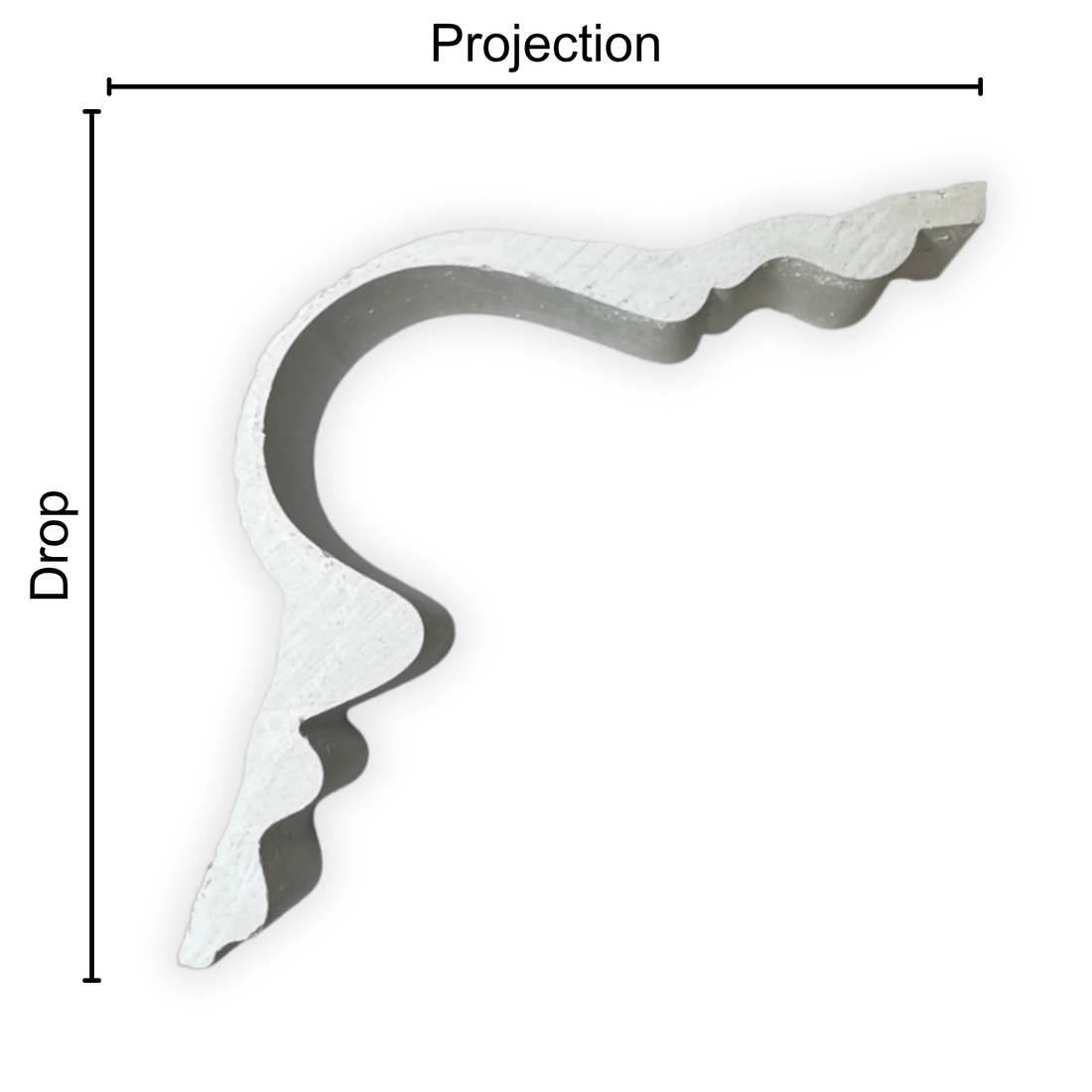 Technical diagram showing coving projection and drop: projection 150mm, drop 140mm