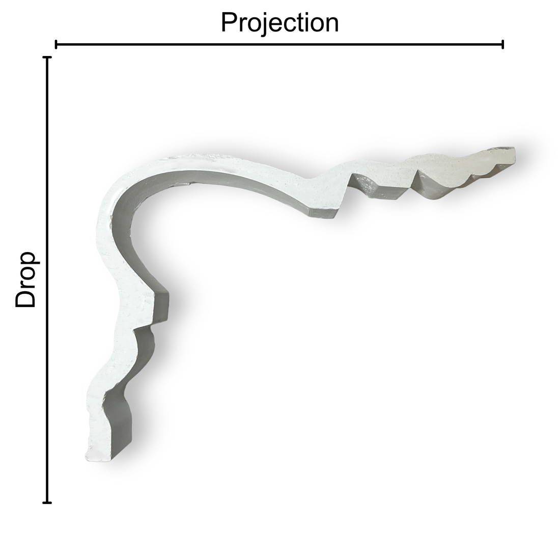 Technical diagram showing coving projection and drop: projection 200mm, drop 150mm