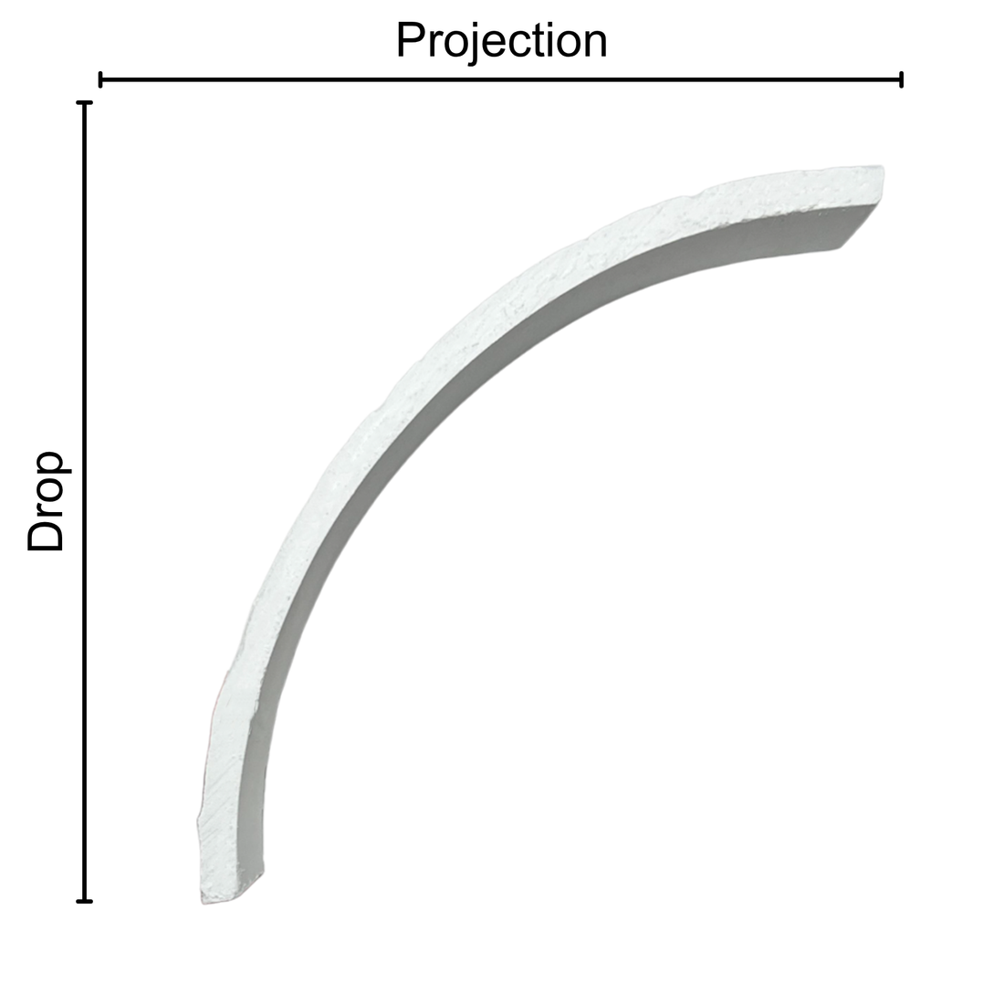 Technical diagram showing coving projection and drop: projection 150mm, drop 150mm