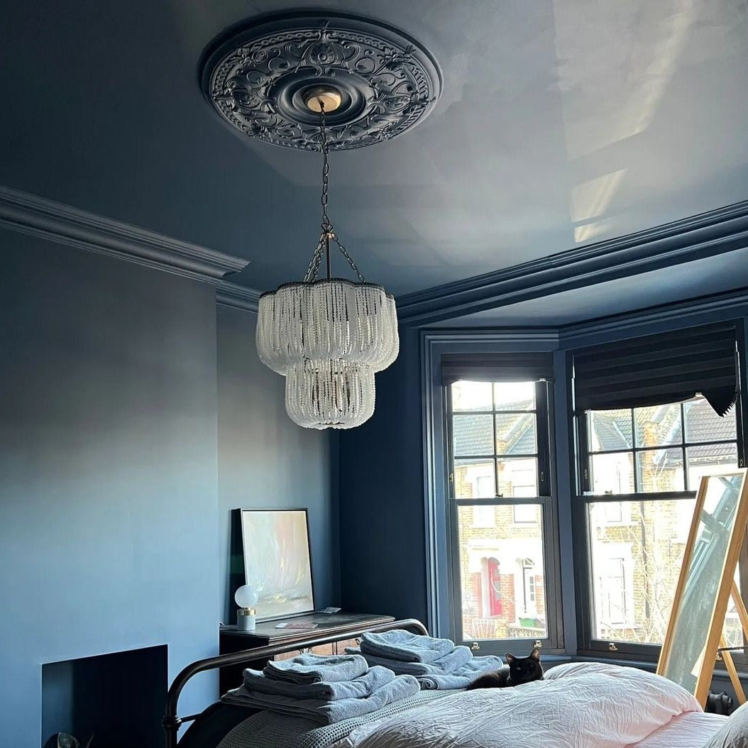 victorian ornate plaster ceiling rose in dark bedroom