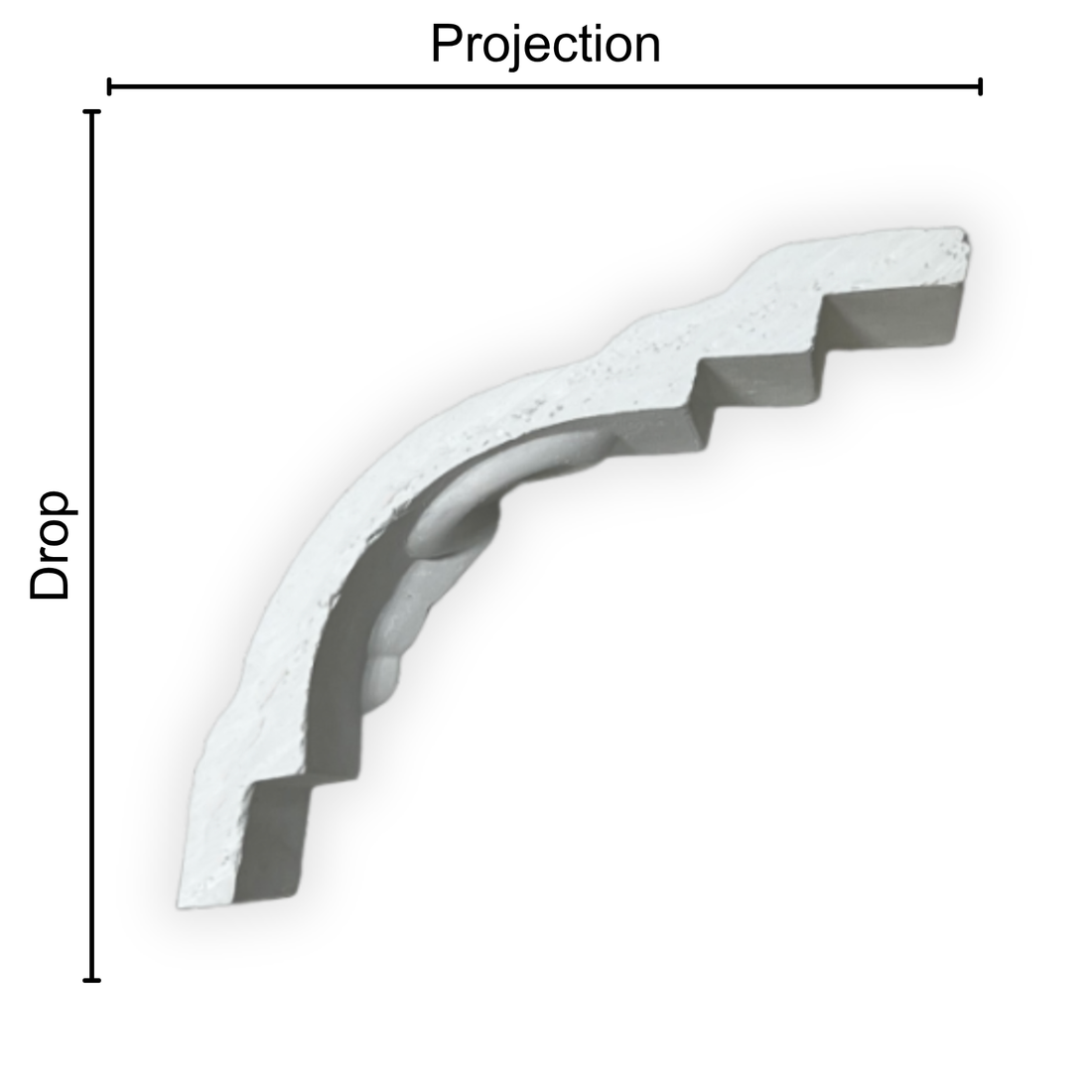 Technical diagram showing coving projection and drop: projection 100mm, drop 90mm