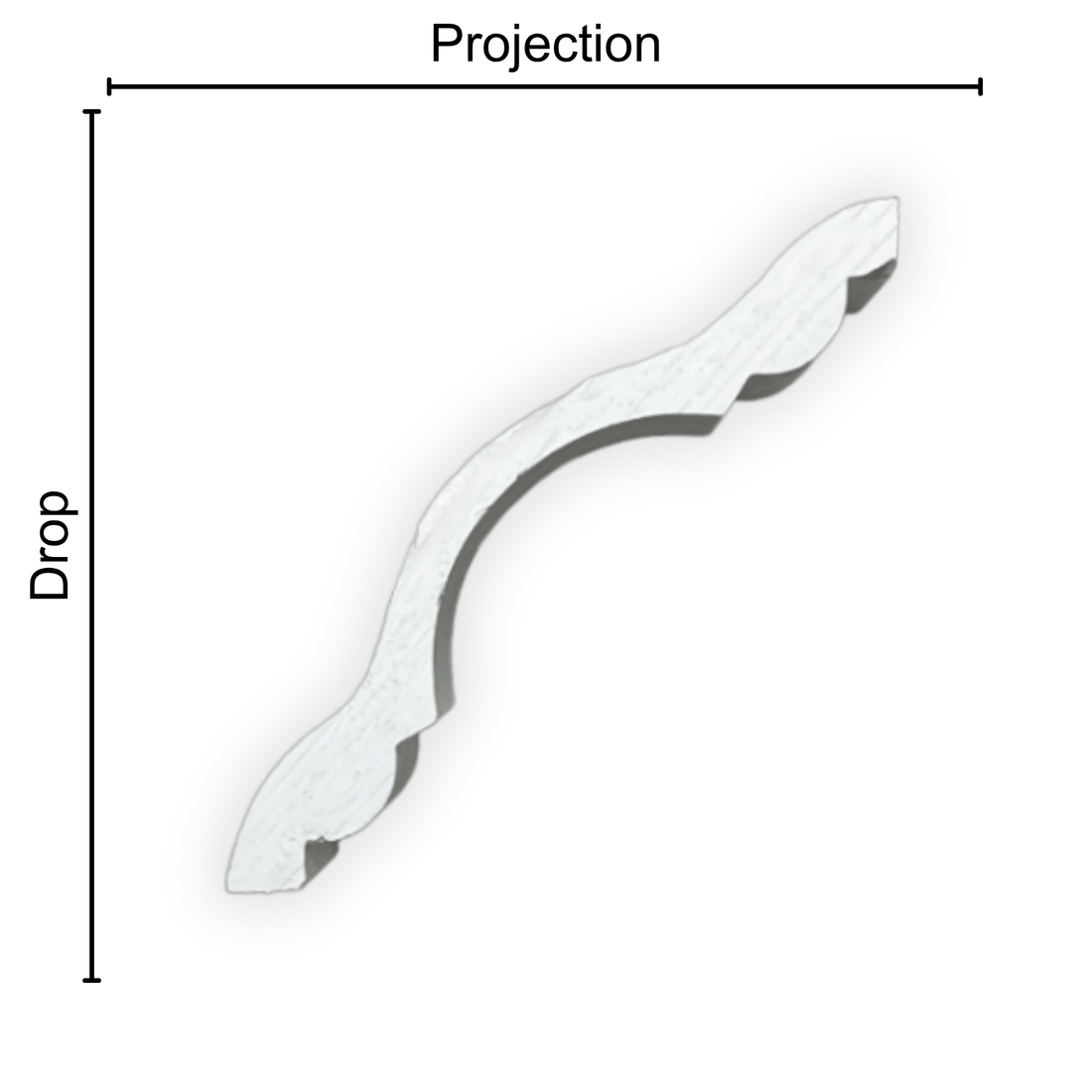 Technical diagram showing coving projection and drop: projection 85mm, drop 85mm