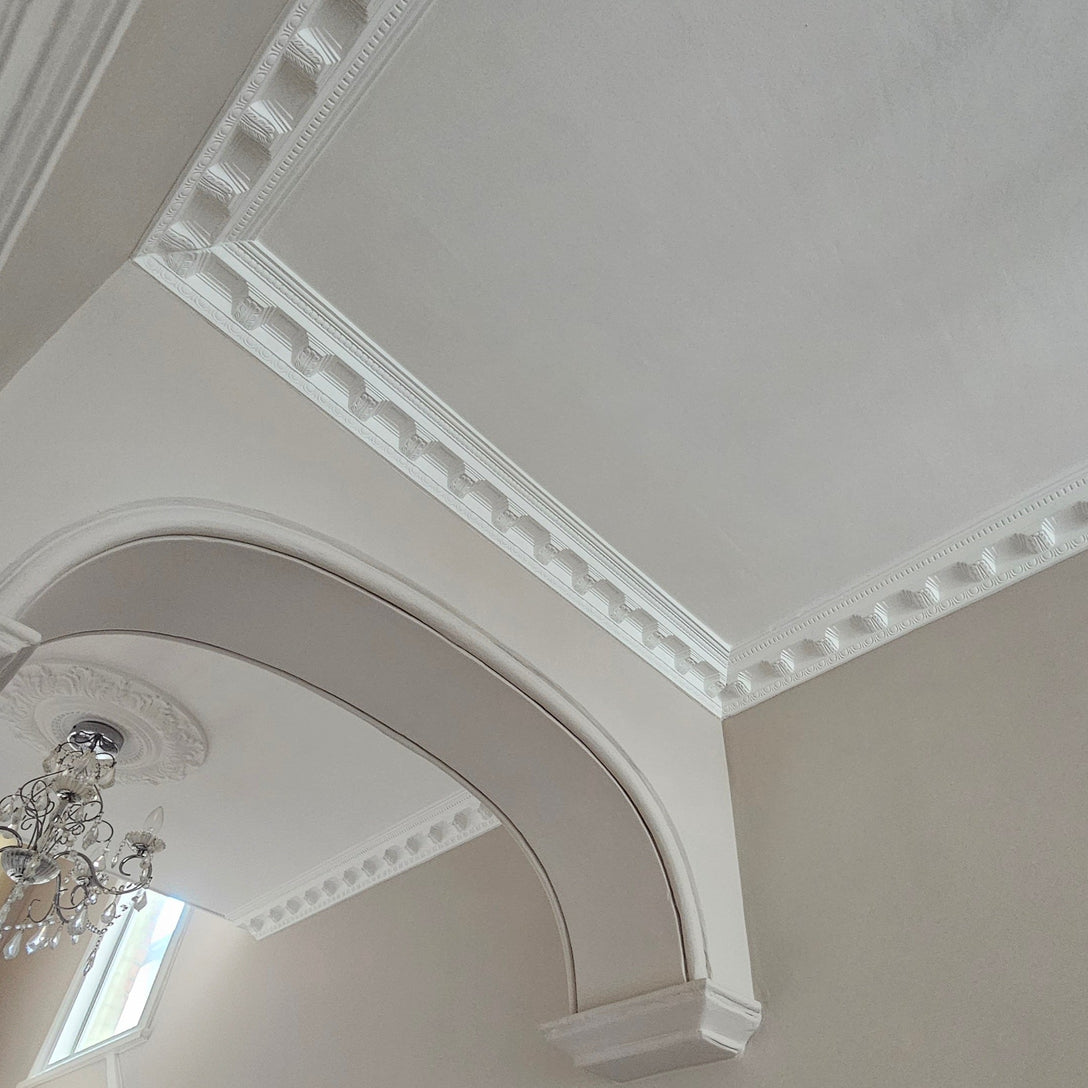 victorian dentil plaster cornice shown in entryway