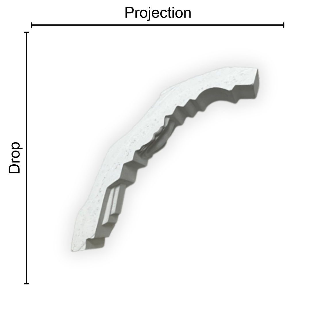 Technical diagram showing coving projection and drop: projection 80mm, drop 90mm