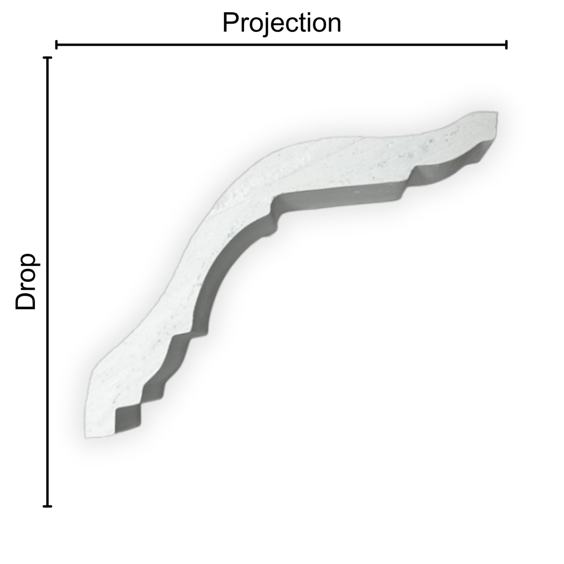 Technical diagram showing coving projection and drop: projection 110mm, drop 100mm