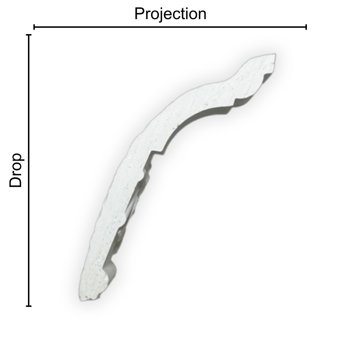 Technical diagram showing coving projection and drop: projection 90mm, drop 100mm