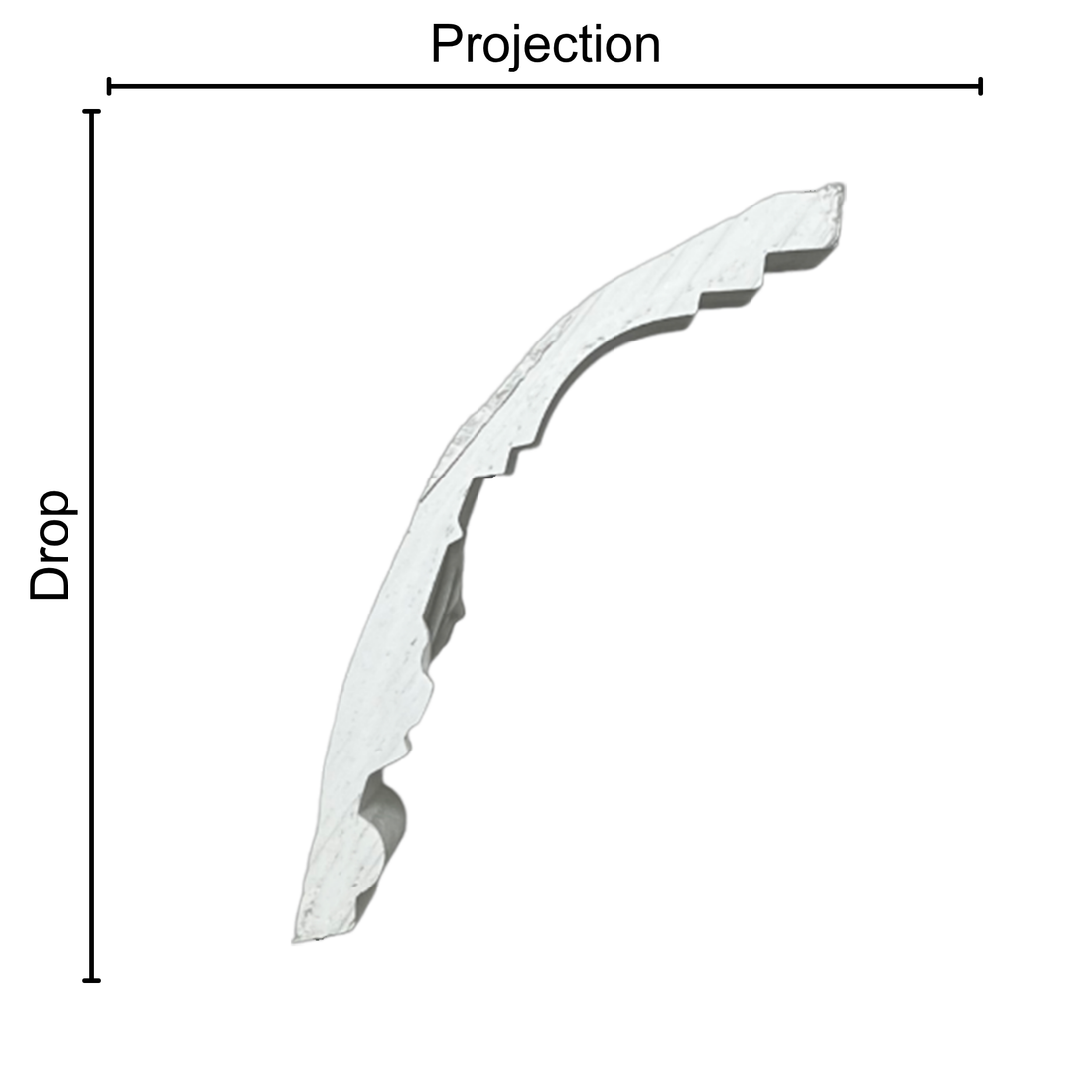 Technical diagram showing coving projection and drop: projection 80mm, drop 90mm