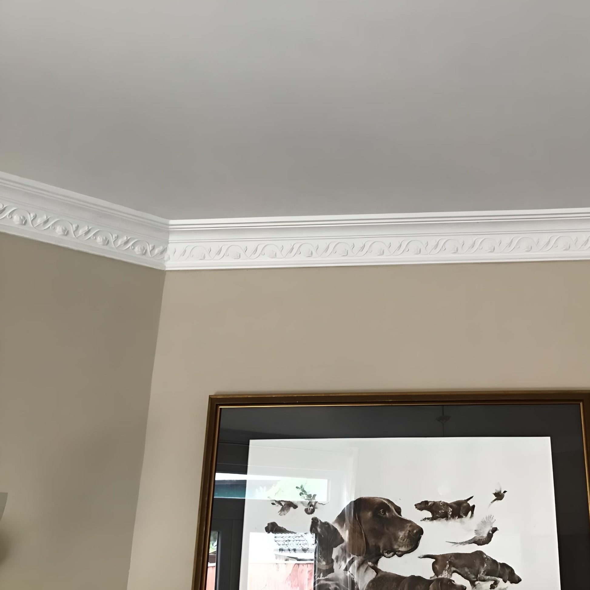 floral plaster cornice shown in living room