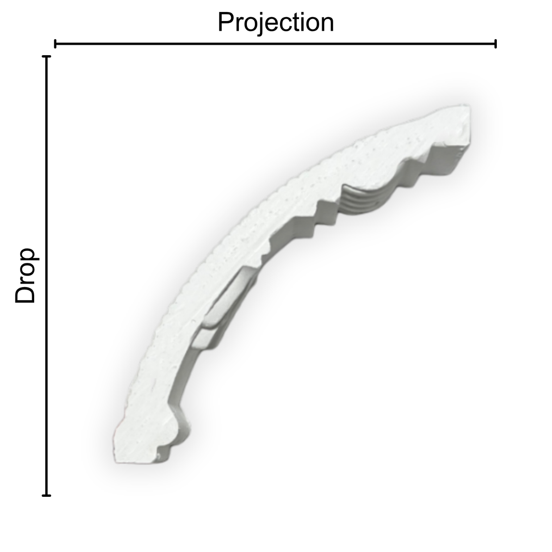 Technical diagram showing coving projection and drop: projection 85mm, drop 90mm