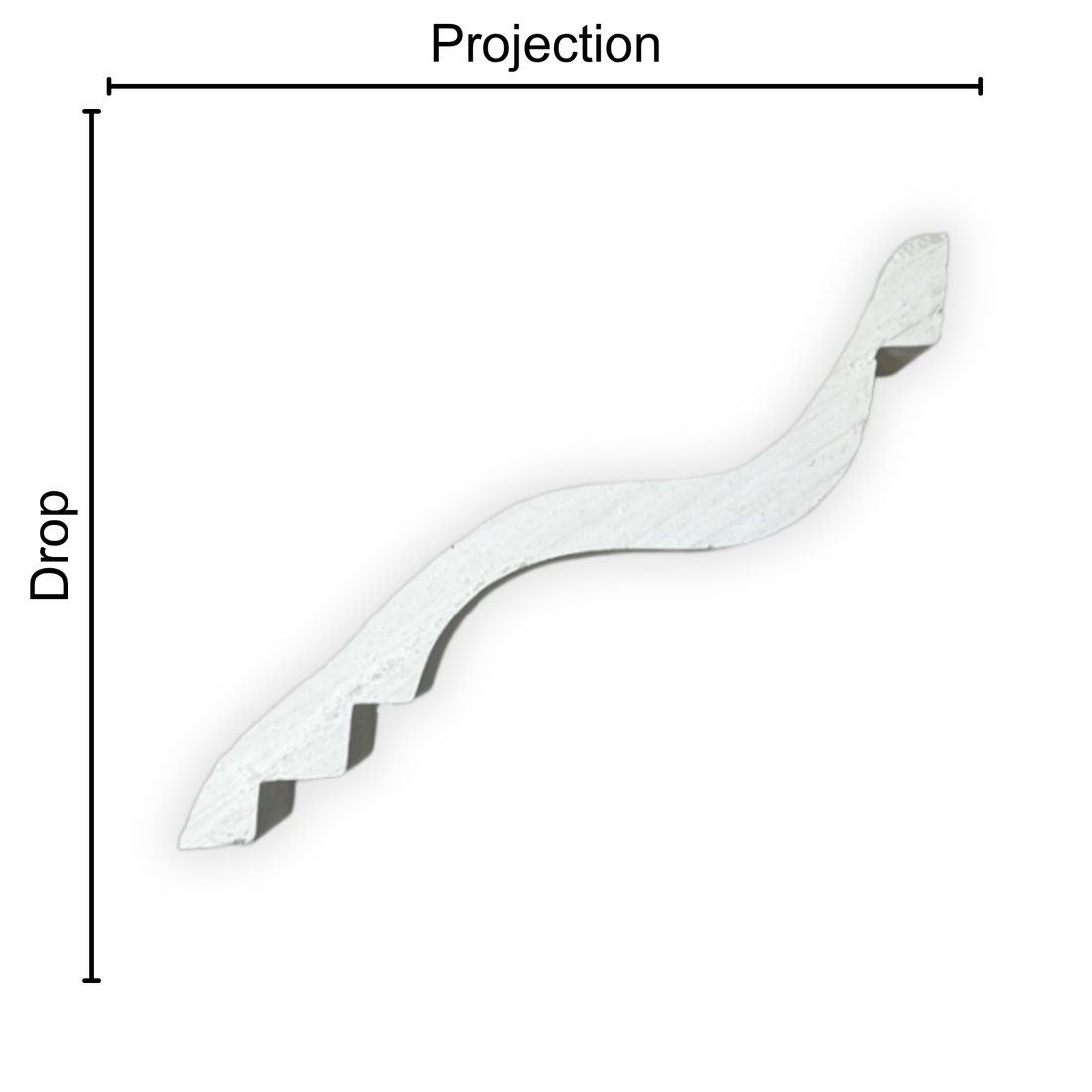 Technical diagram showing coving projection and drop: projection 100mm, drop 110mm