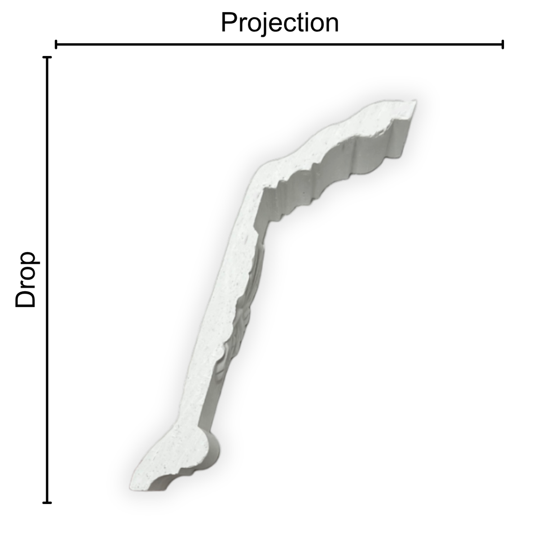 Technical diagram showing coving projection and drop: projection 120mm, drop 120mm