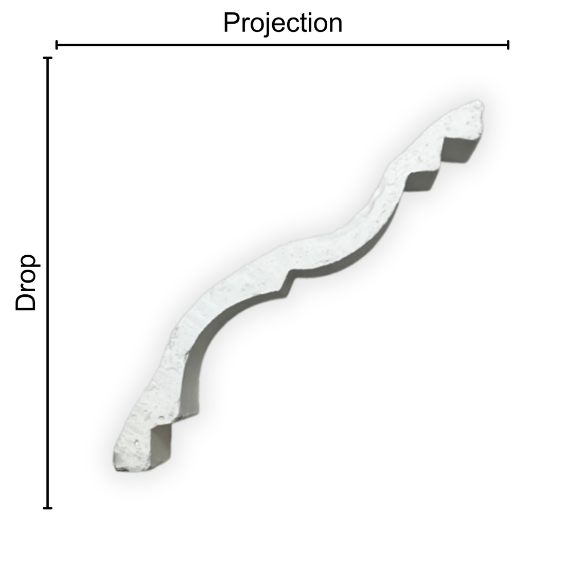 Technical diagram showing coving projection and drop: projection 100mm, drop 110mm