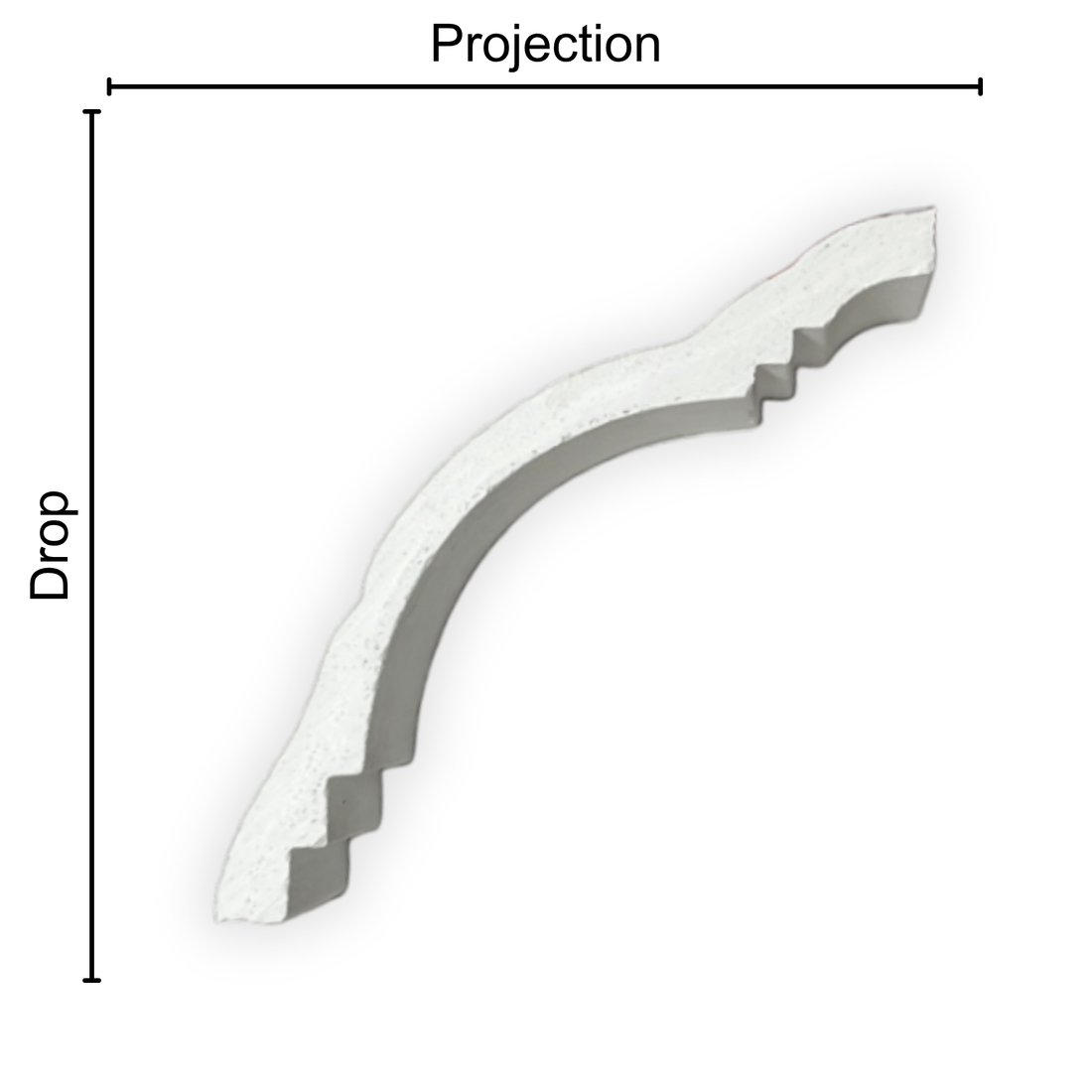 Technical diagram showing coving projection and drop: projection 100mm, drop 100mm