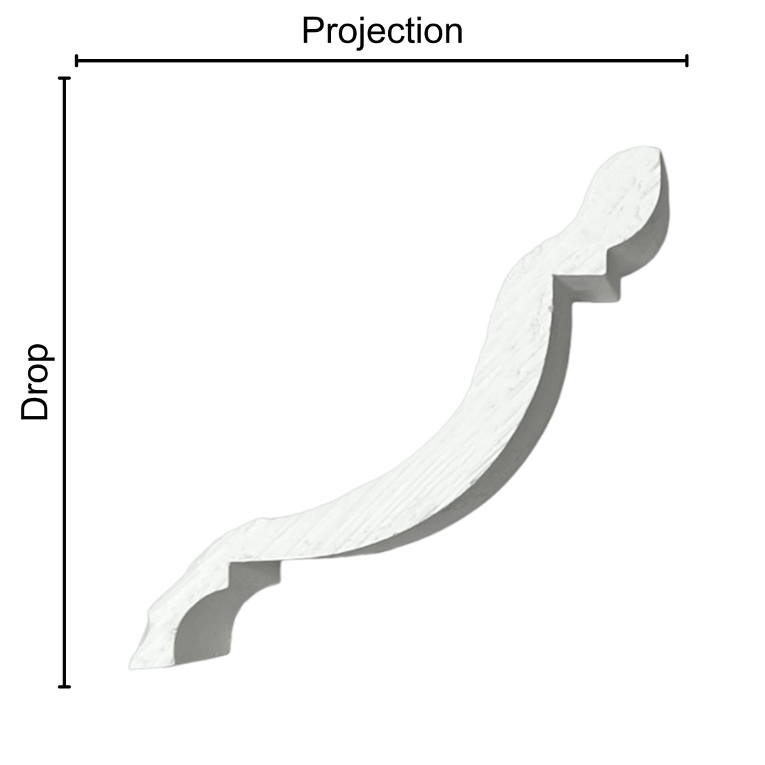 Technical diagram showing coving projection and drop: projection 100mm, drop 100mm