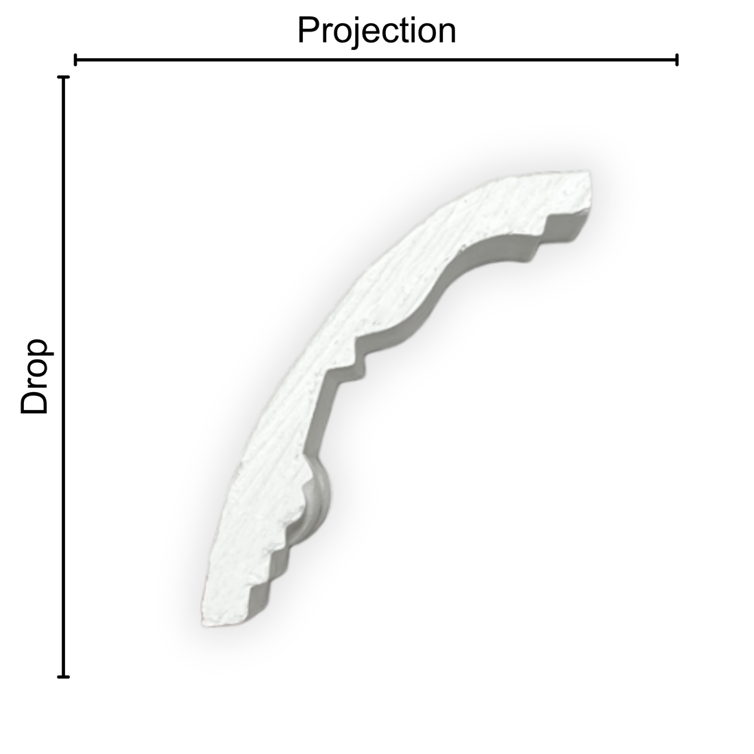 Technical diagram showing coving projection and drop: projection 75mm, drop 80mm