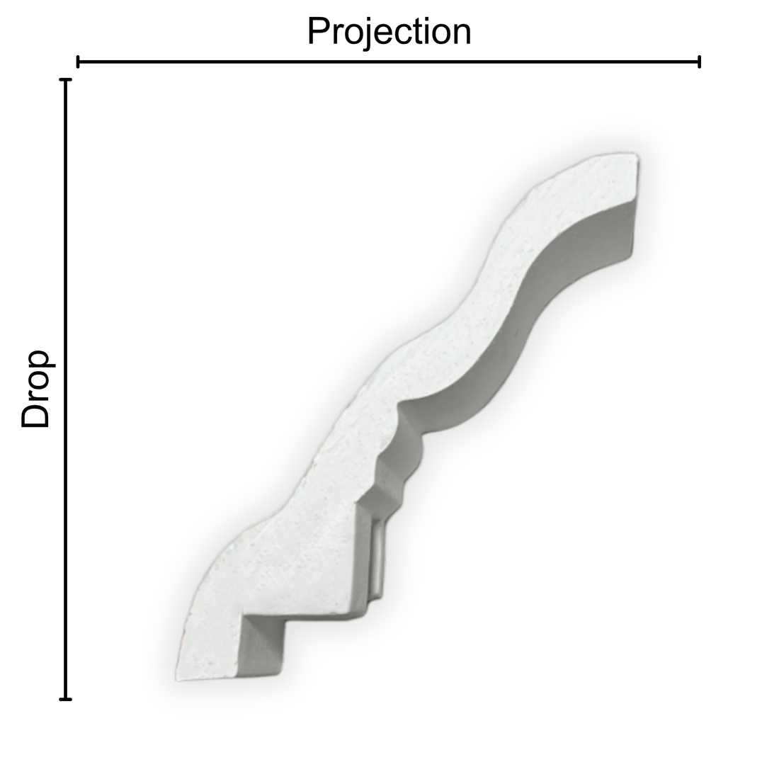 Technical diagram showing coving projection and drop: projection 95mm, drop 120mm