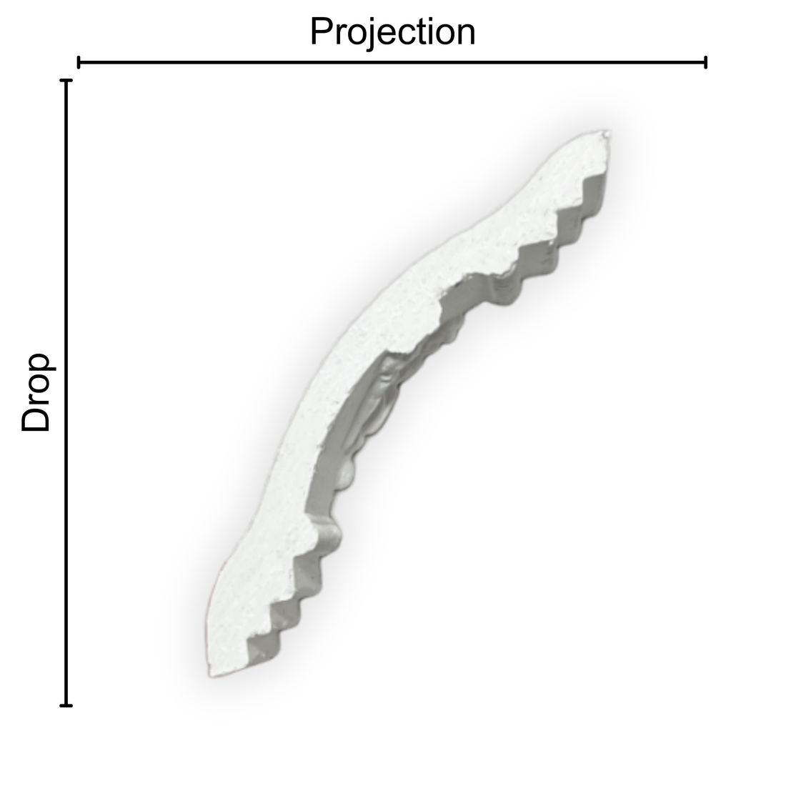 Technical diagram showing coving projection and drop: projection 80mm, drop 90mm