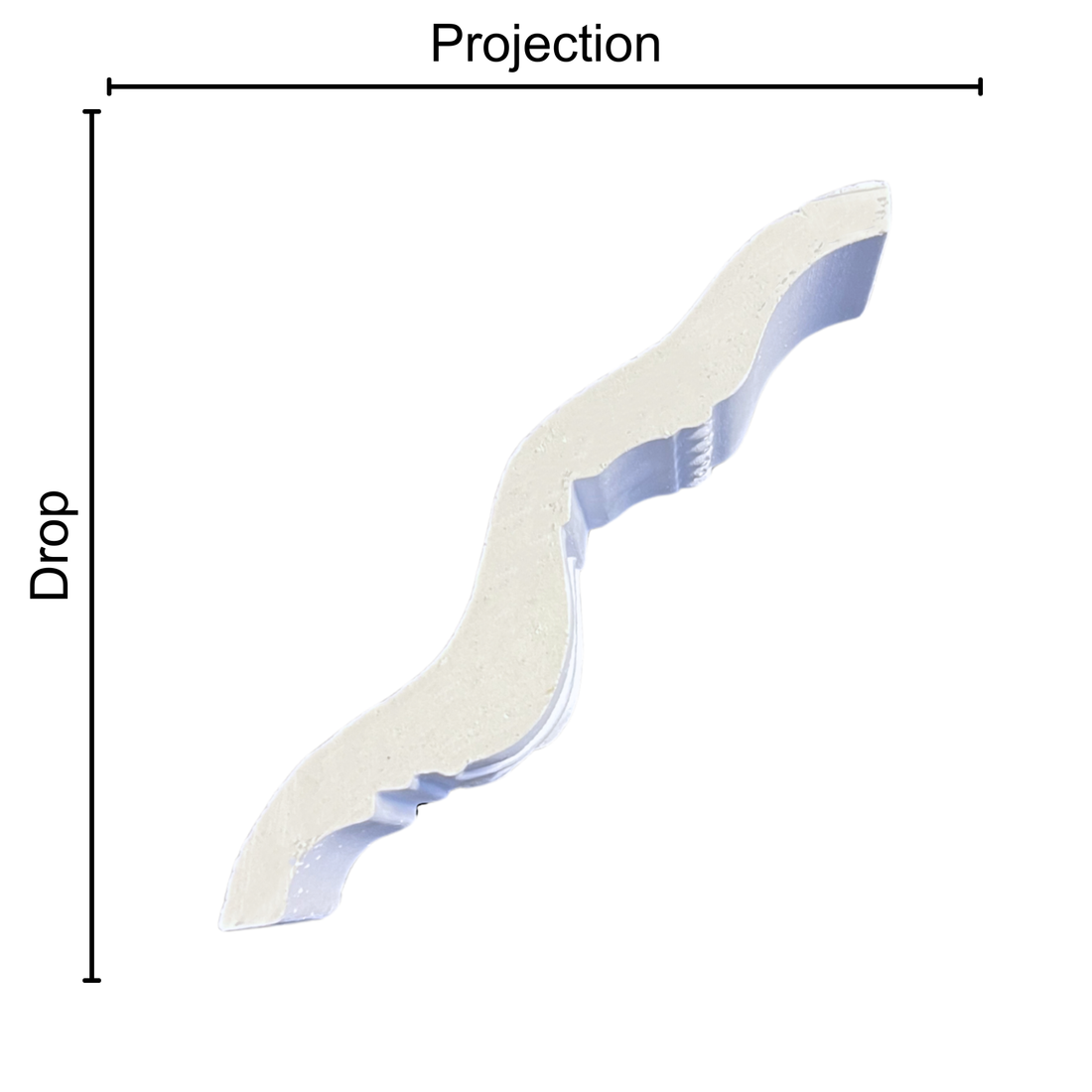 Technical diagram showing coving projection and drop: projection 85mm, drop 110mm