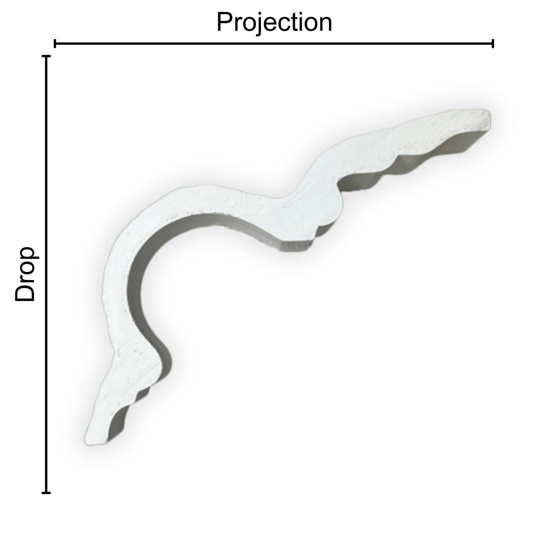 Technical diagram showing coving projection and drop: projection 115mm, drop 100mm