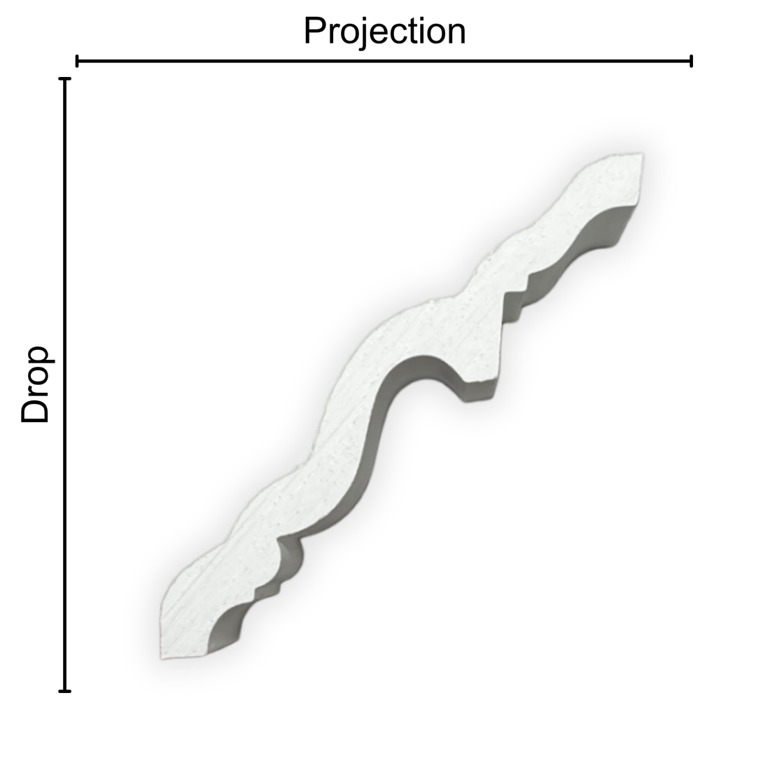 Technical diagram showing coving projection and drop: projection 110mm, drop 110mm