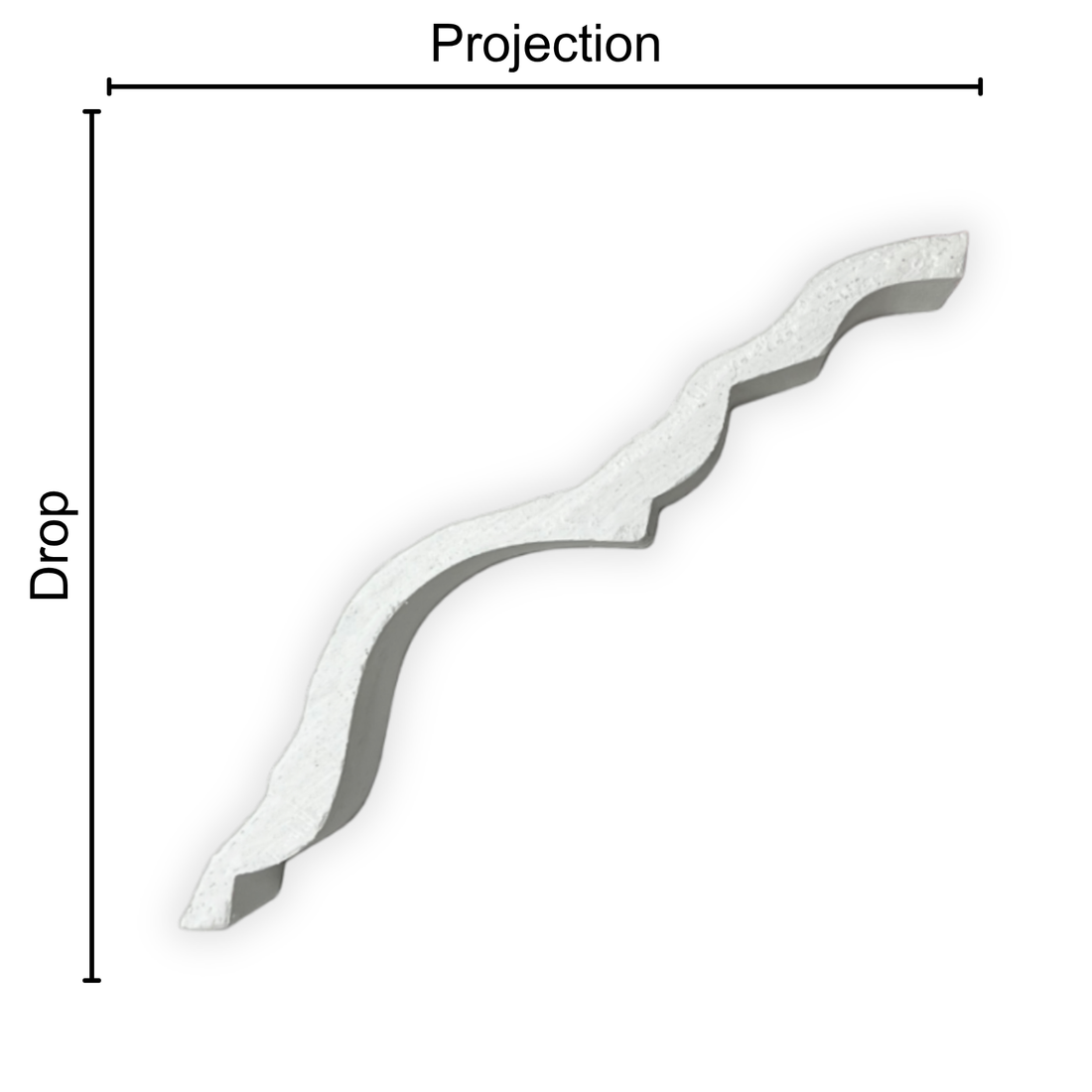 Technical diagram showing coving projection and drop: projection 140mm, drop 140mm