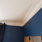 corner aspect of plaster coving in blue room