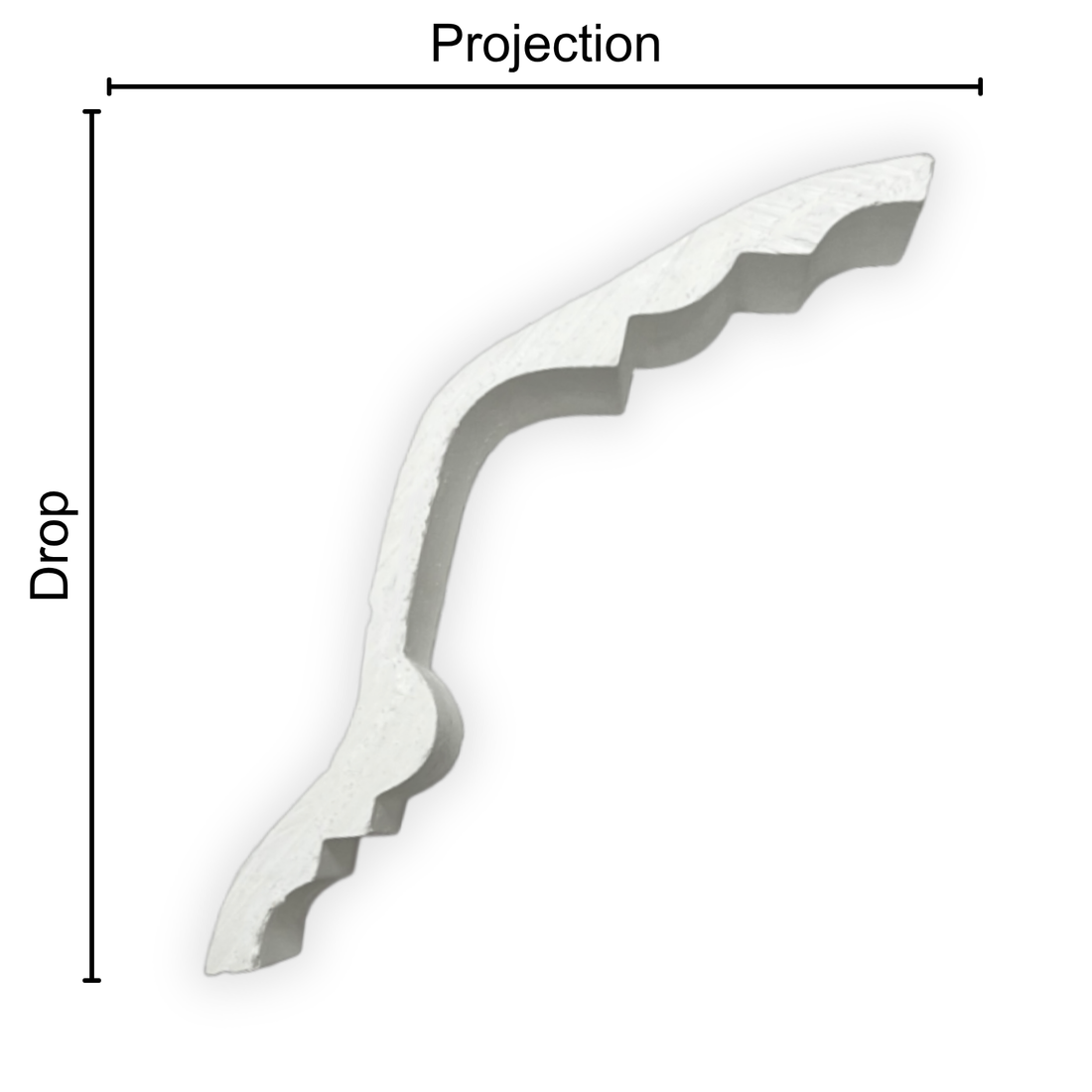 Technical diagram showing coving projection and drop: projection 125mm, drop 120mm