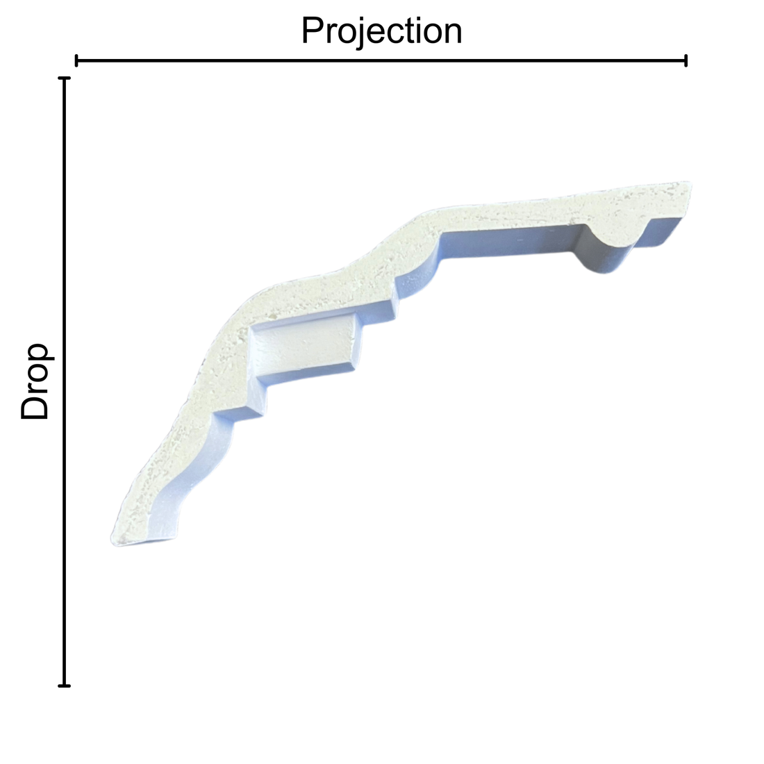 Technical diagram showing coving projection and drop: projection 100mm, drop 135mm