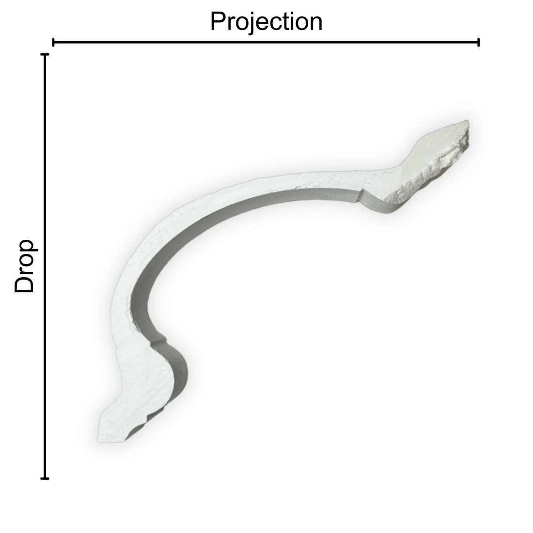 Technical diagram showing coving projection and drop: projection 165mm, drop 130mm