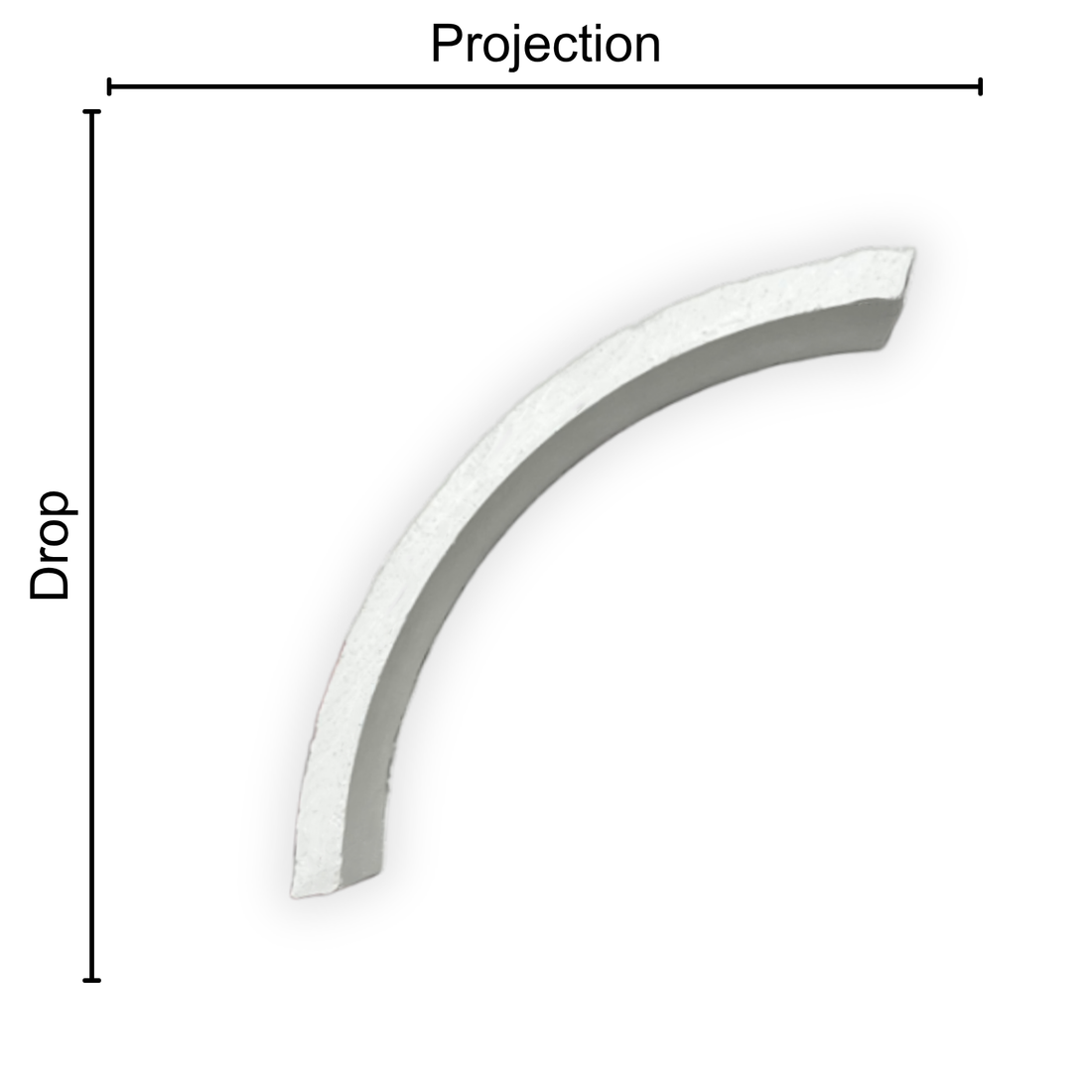 Technical diagram showing coving projection and drop: projection 100mm, drop 100mm