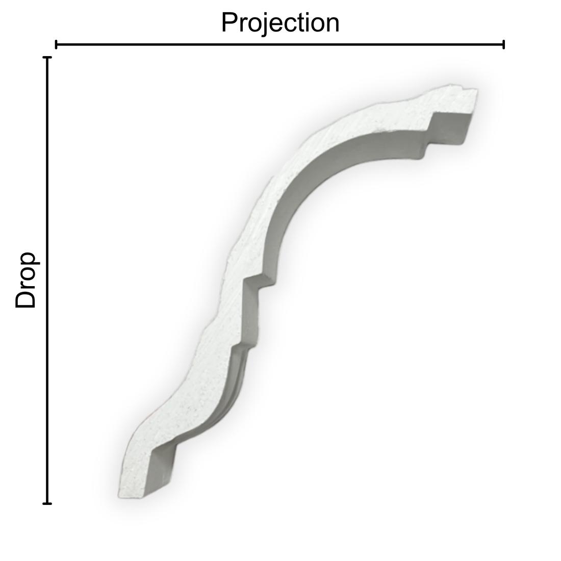 Technical diagram showing coving projection and drop: projection 95mm, drop 135mm