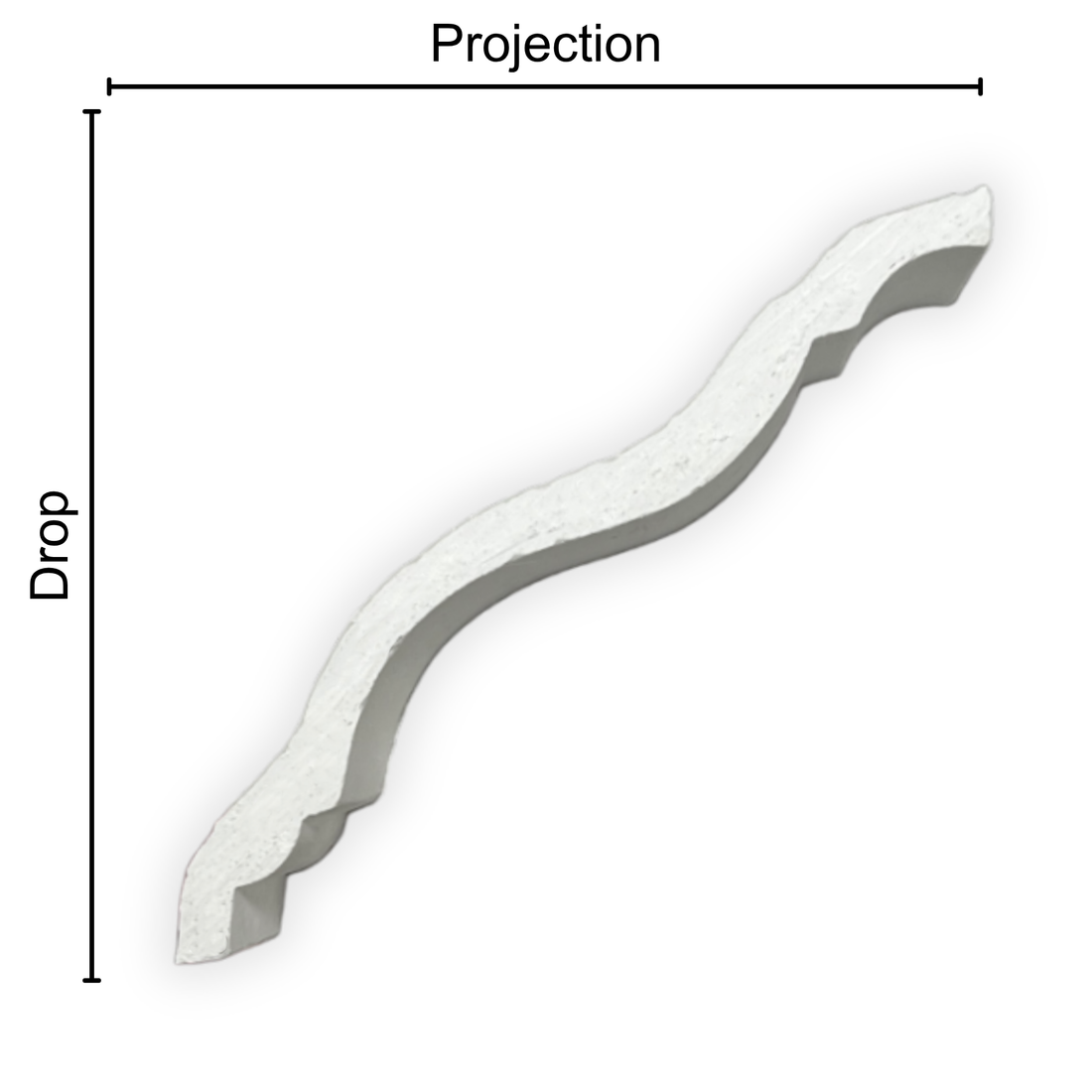 Technical diagram showing coving projection and drop: projection 125mm, drop 110mm