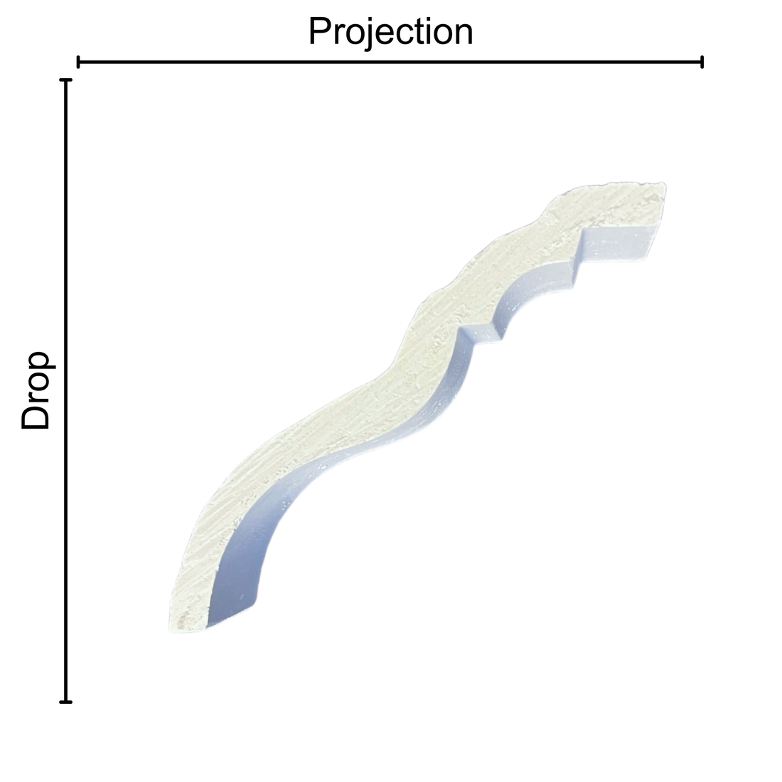 Technical diagram showing coving projection and drop: projection 105mm, drop 100mm