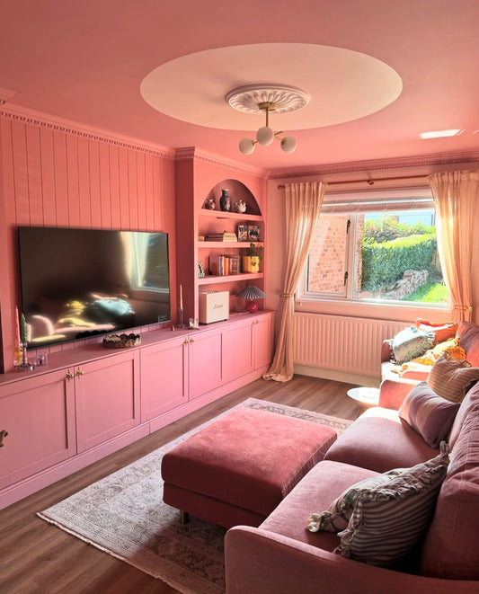 art deco plaster ceiling rose fitted in pink living room