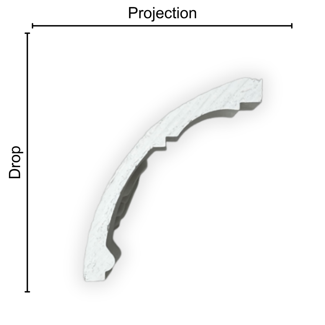Technical diagram showing coving projection and drop: projection 75mm, drop 80mm
