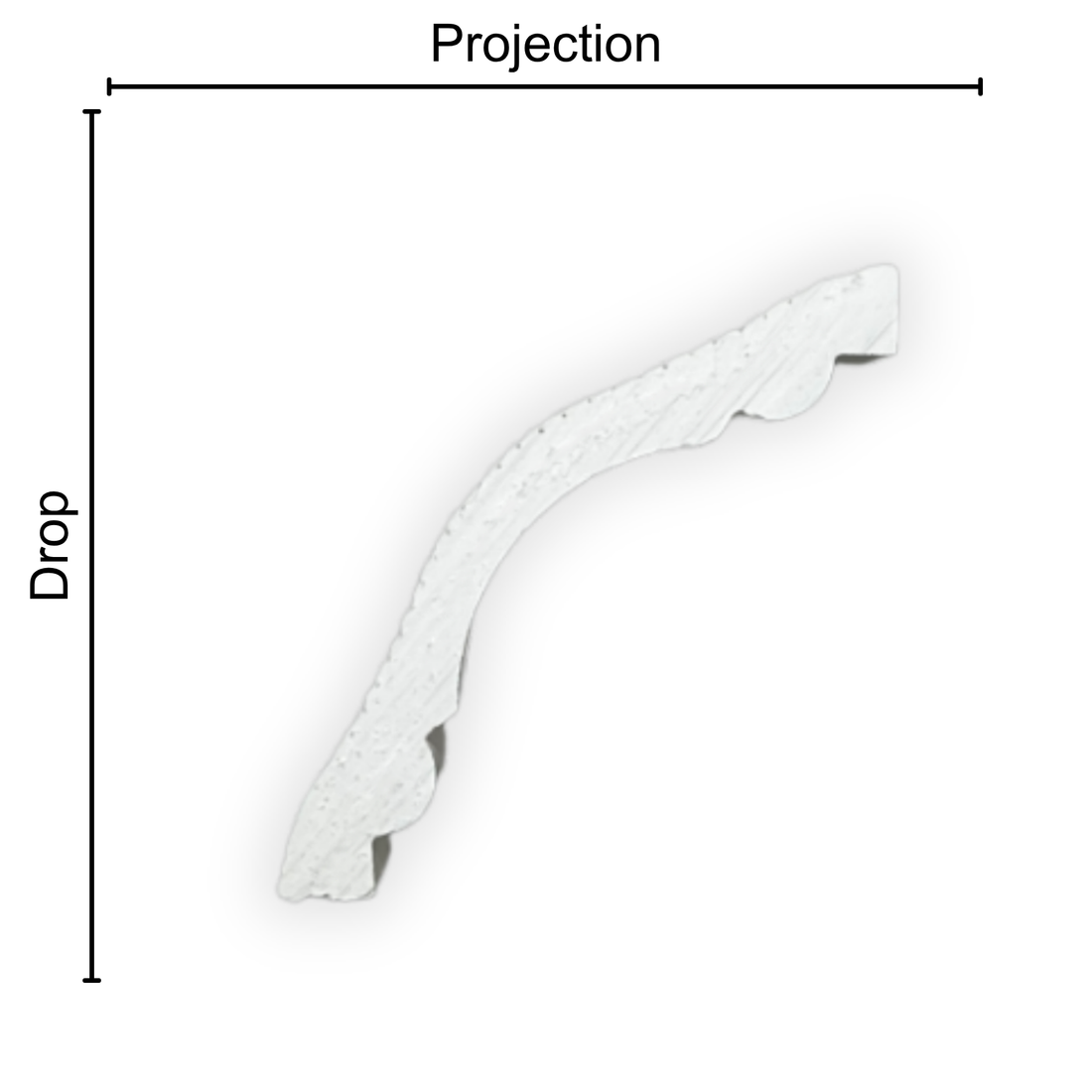Technical diagram showing coving projection and drop: projection 70mm, drop 70mm
