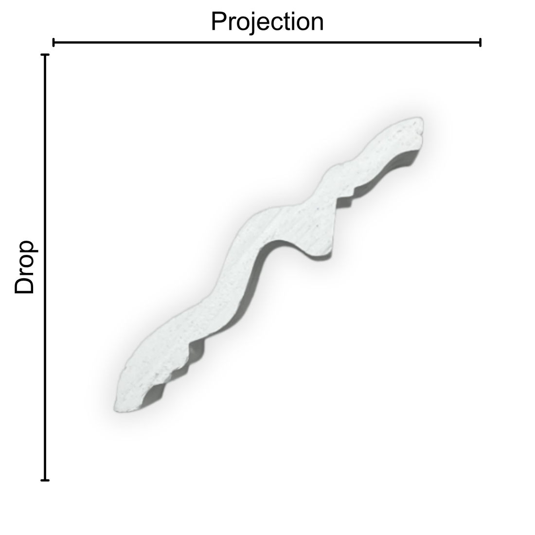 Technical diagram showing coving projection and drop: projection 65mm, drop 100mm