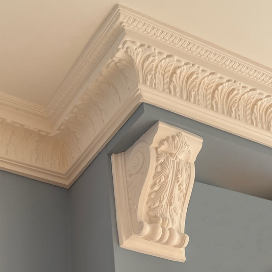 Victorian floral corbel in bright blue room 