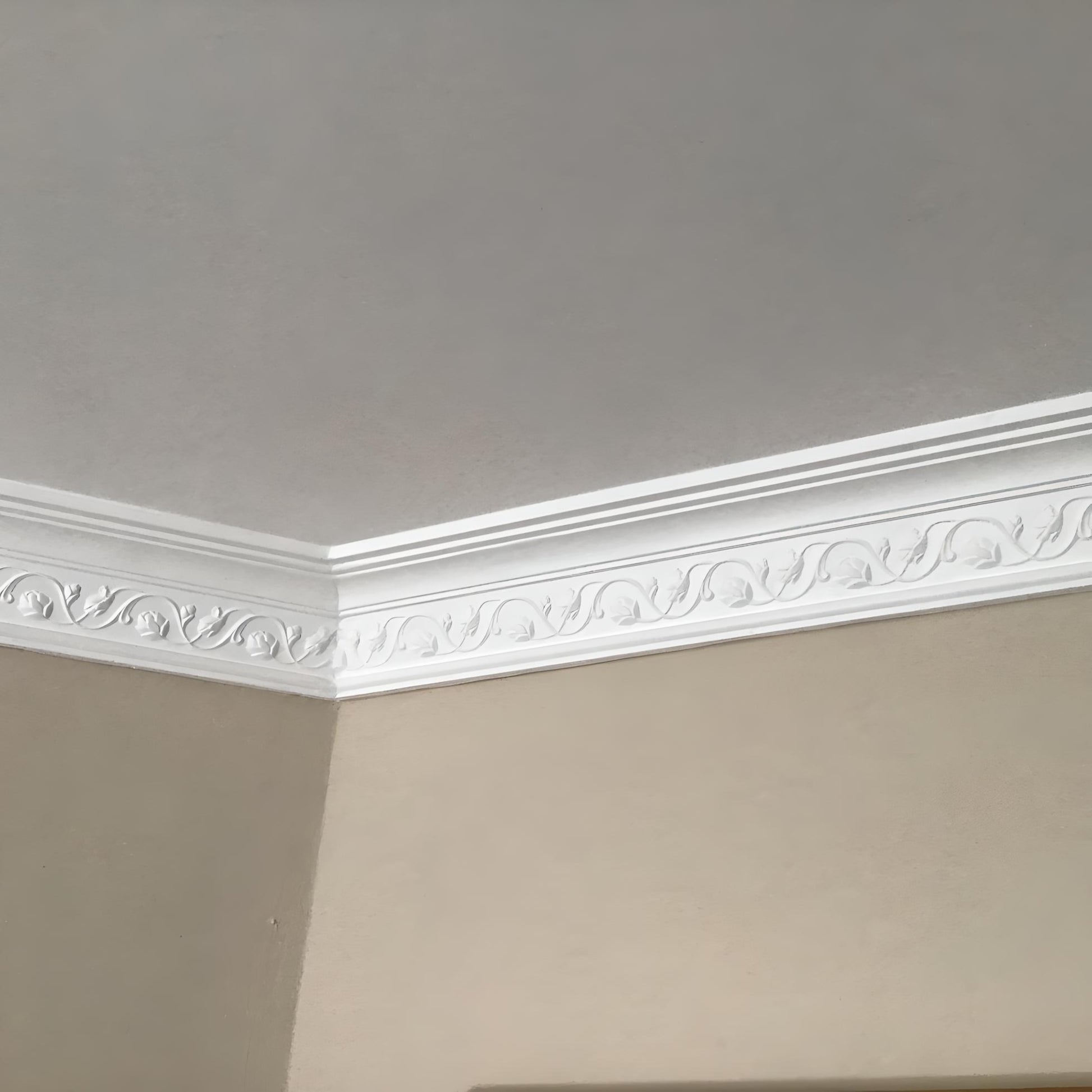corner aspect of floral plaster cornice