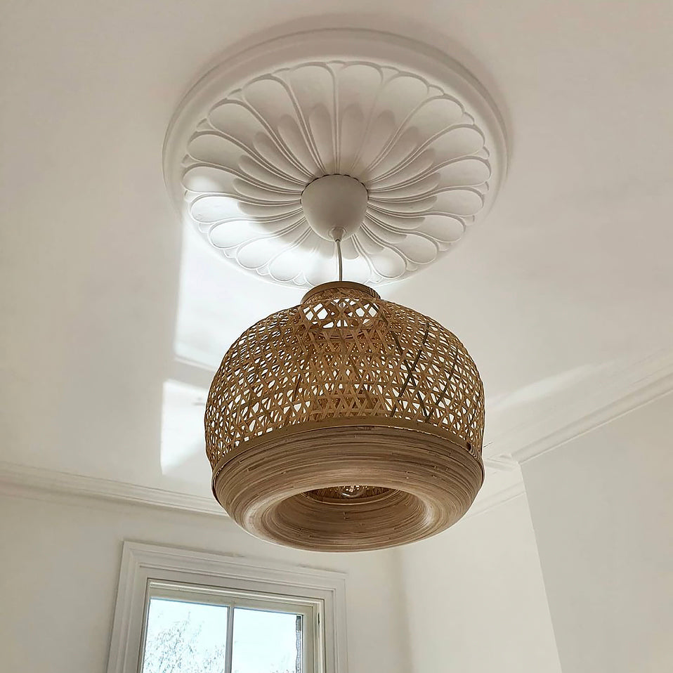 photo showin Art Deco Floral Plaster Ceiling Rose with basket light shade 500mm