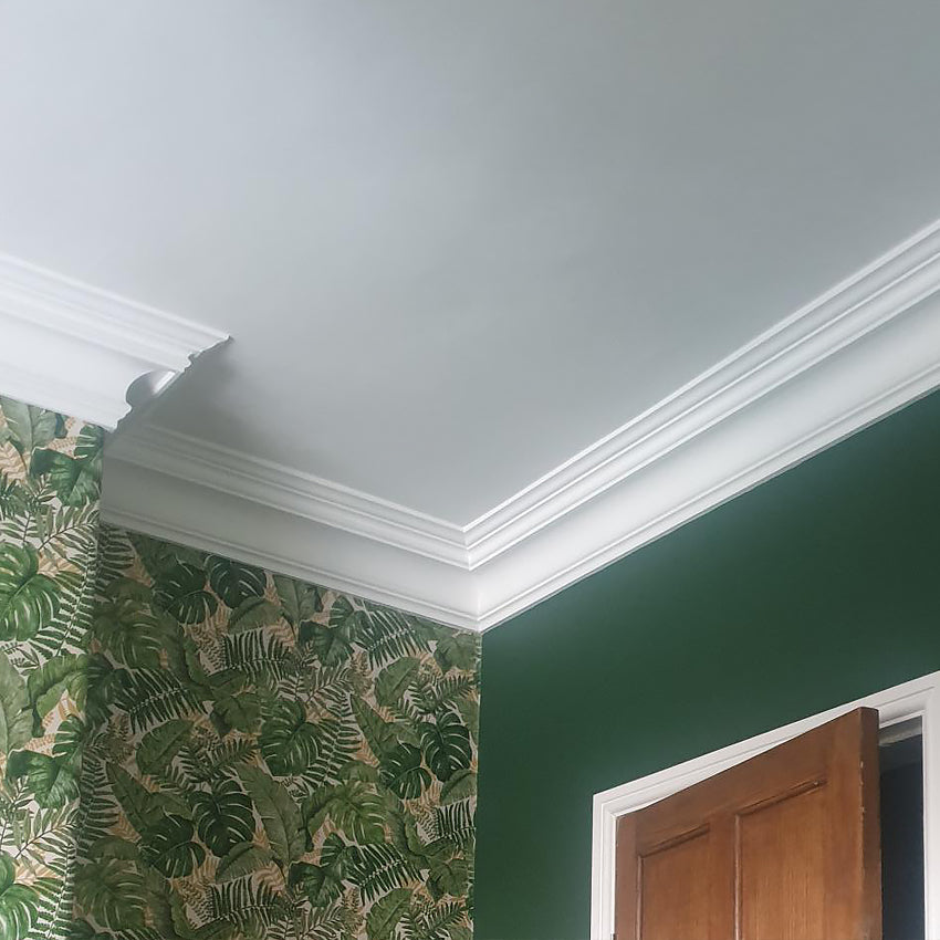 swan neck plaster coving shown in green room with floral wallpaper 