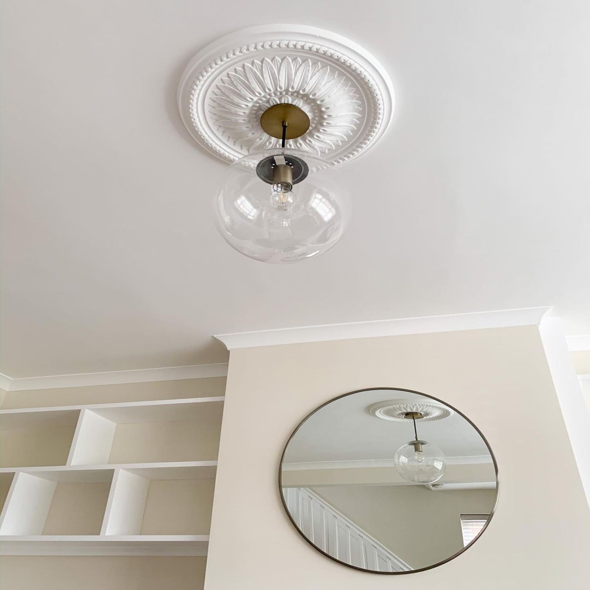 Sunflower Plaster Ceiling Rose in large, white room