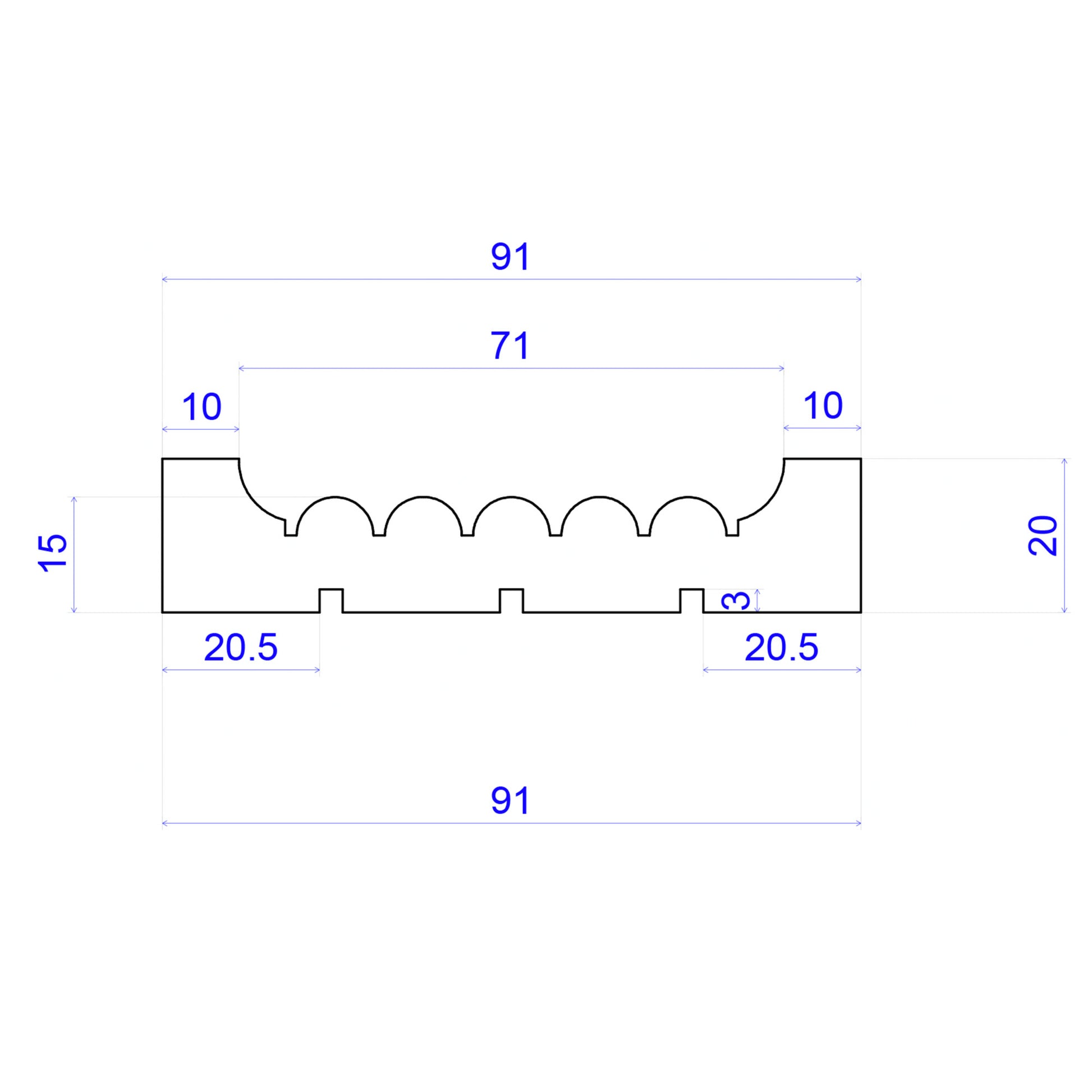 technical image showing measurements of fluted Timber Architrave 91mm x 20mm 