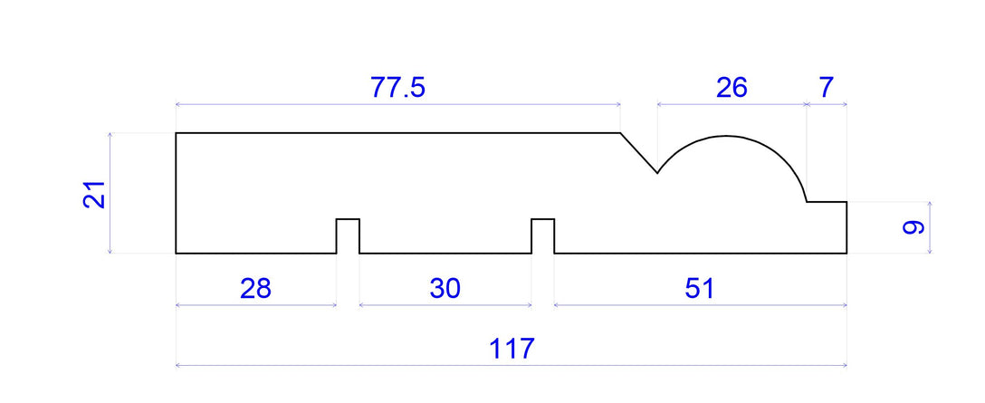 technical image showing measurements of Antique Victorian Skirting Board 117mm x 21mm 