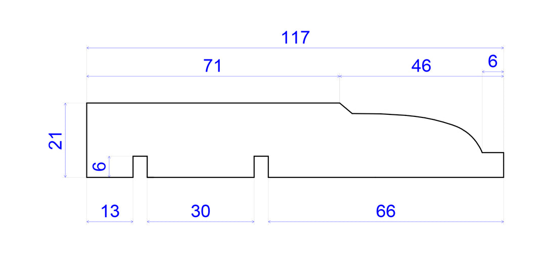 technical image showing measurements of lambs tongue victorian skirting board